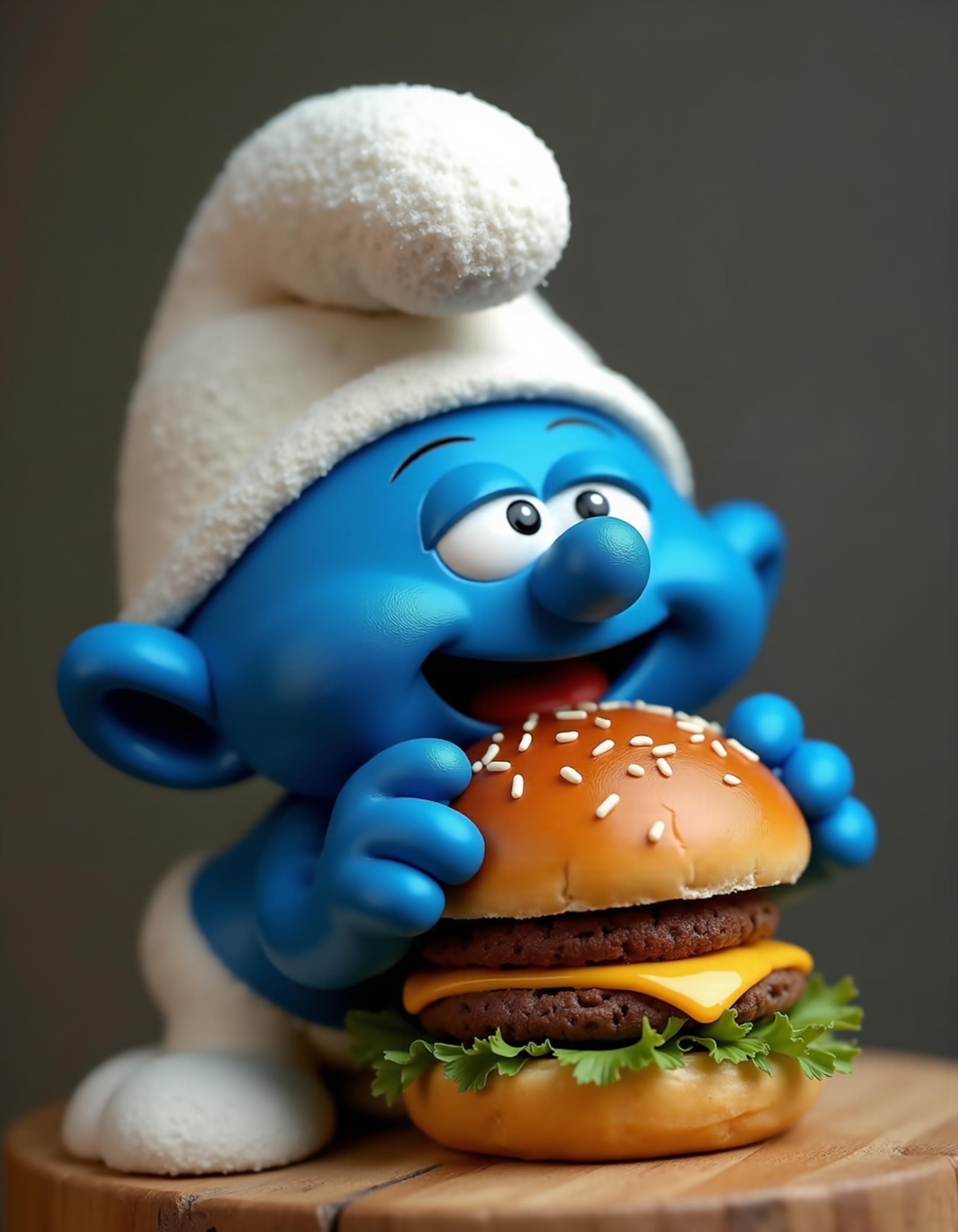 a smurf eating a burger