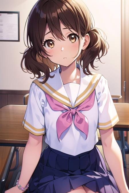 kumikooumae, <lora:kumikooumaetest:1>, 
kumiko oumae, (brown eyes:1.5), brown hair, short hair, wavy hair, (flat chest:1.2),
BREAK blue skirt, bracelet, kitauji high school uniform, neckerchief, pink neckerchief, pleated skirt, school uniform, serafuku, shirt, short sleeves, skirt, white shirt,
BREAK looking at viewer,
BREAK indoors, classroom,
BREAK <lora:GoodHands-vanilla:1>, (masterpiece:1.2), best quality, high resolution, unity 8k wallpaper, (illustration:0.8), (beautiful detailed eyes:1.6), extremely detailed face, perfect lighting, extremely detailed CG, (perfect hands, perfect anatomy),