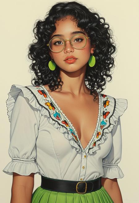Drawing of a realistic version of Mirabel Madrigal, 20 years old, Colombian girl of a 5'2" height, with hazel eyes, chin-length voluminous curly black hair, dark brown thick eyebrows, and a visibly dark shade of freckles on her nose and cheeks. She wears lime green and gold round-framed glasses. Her attire is a traditional open Andean-styled white blouse that has colorful butterfly stitching, with frills of black trimming at the neck and sleeves. She wears a long Colombian skirt that's 3 shades of teal with colorful butterfly embroidery. Creative angle, dynamic_pose, Expressionism, pinup_model, (masterpiece),ArsMJStyle, Colored pencil hyperdetailed realism, sexy,  inside a magic forest, showing her BREASTS