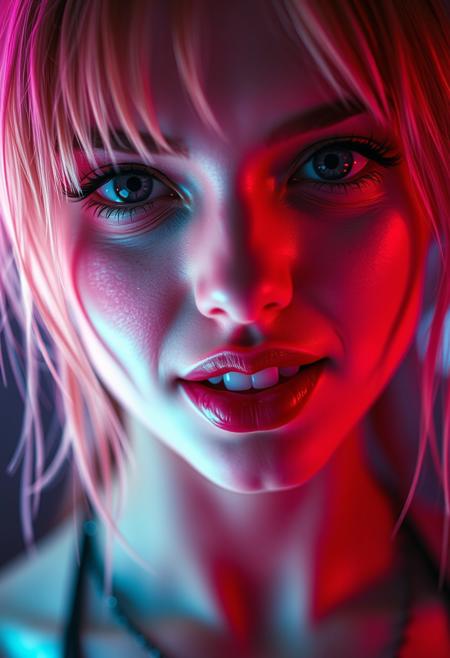a close portrait photo of an ethereal beauty, a cyberpunk girl bathing in neon light, her eyes are black as obsidian and a cruel smile plays on her lips, slightly exposing her pointy fangs,  as she is searching for her victim,