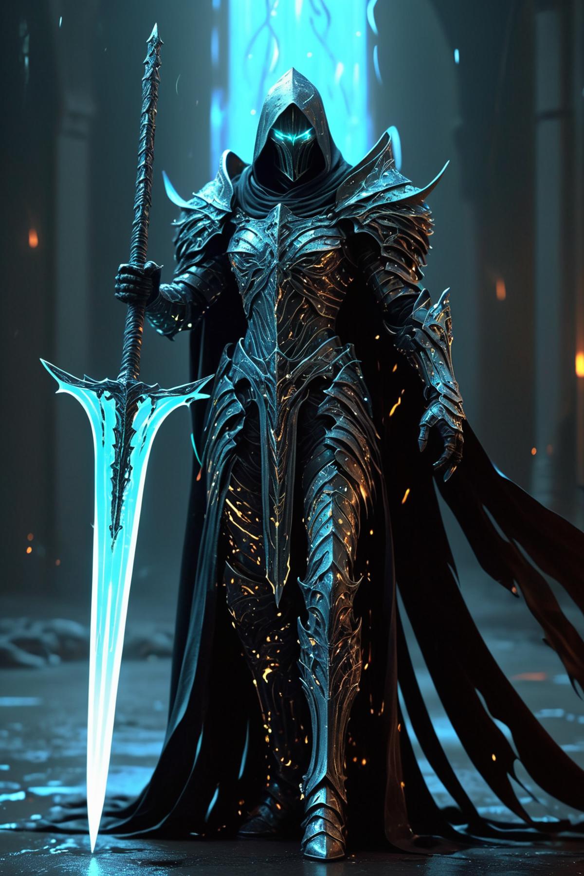 A Dark Knight Warrior in Armor Holding a Blue Sword