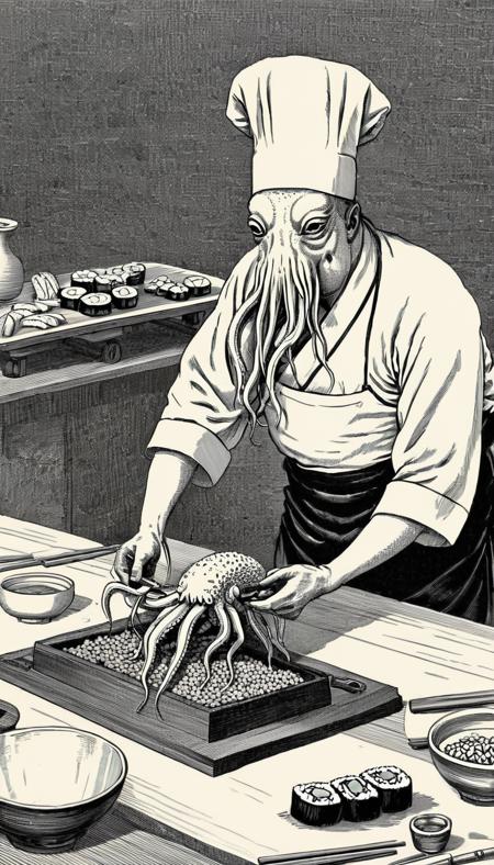 octopus squid making sushi <lora:vntg-line-art-v2:1> vntg, line-art