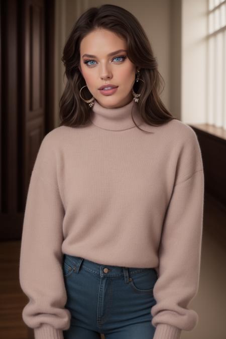 cinematic film still (rim lighting), EmilyDiDonato, (turtleneck pastel pink),  jeans,  blue eyes, brown hair, grand hall, BREAK, collar, jewelry, earrings,  mid shot,  <lora:EmilyDiDonato2-45:0.8> (parted lips), (makeup, eyeliner, eyeshadow), bokeh,  . shallow depth of field, vignette, highly detailed, high budget, bokeh, cinemascope, moody, epic, gorgeous, film grain, grainy