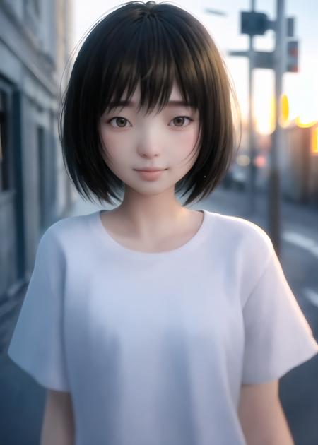 shenxiu, 1 girl, solo exhibition, street view, brunette hair, smile, reality, blurred and short hair, wearing school uniform, lips, blurred background, upper body, bangs, 16K, hd, 3D, high quality, OC rendering, unreal engine, top graphics, cinematic graphics, perfect lighting and shadow effects,,<lora:deep sea:0.7>