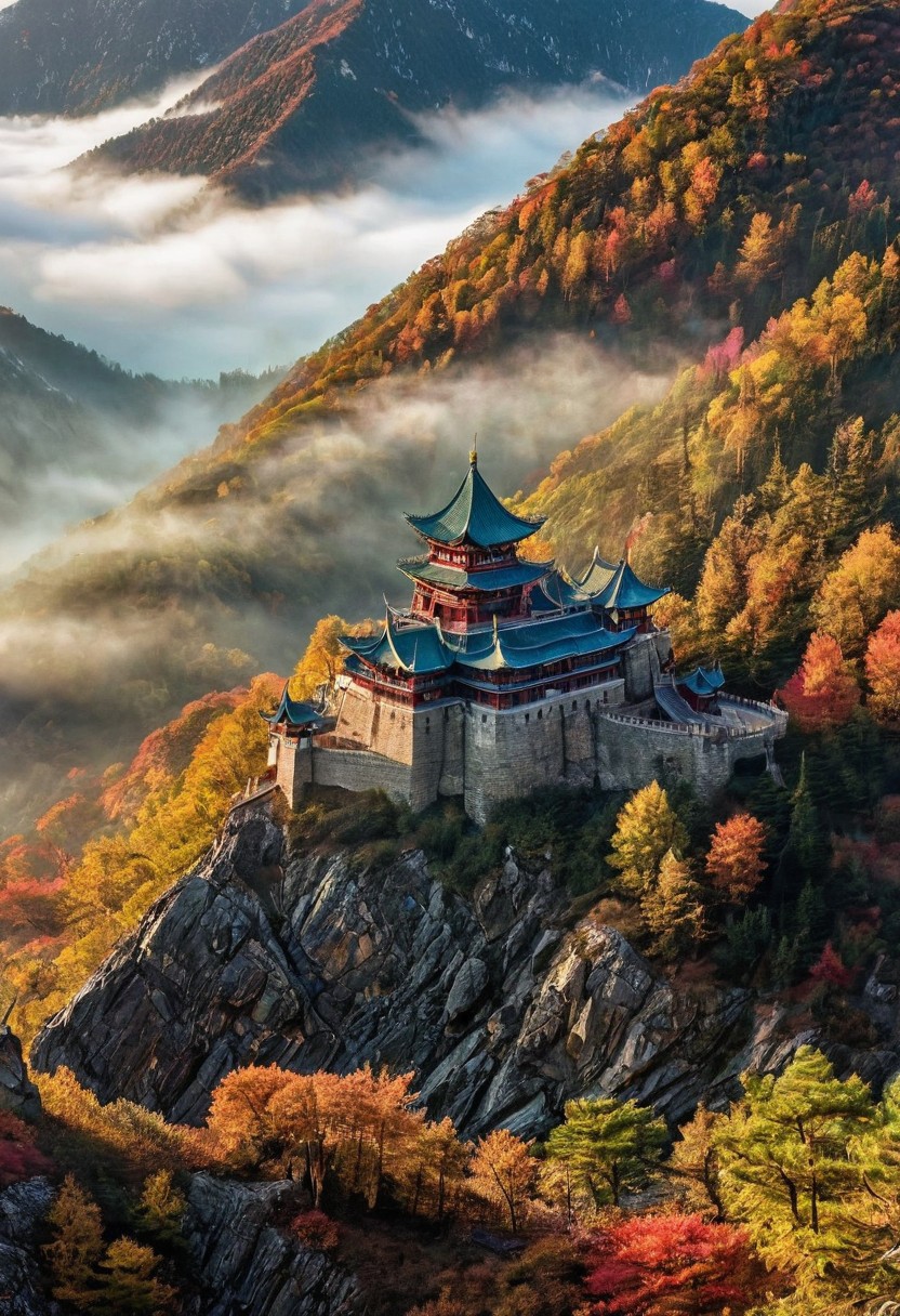 their peaks veiled in mist. mixed media, surrealism, Korea, great lighting, A surreal landscape highly detailed . extremely high-resolution details,  appears trapped in an optical illusion of reflections and refractions colorful , Korean castles built on mountains, professional photography, natural lighting, volumetric lighting maximalist. intricately detailed, complex, elegant, expansive, fantastical, film photography style,  medium grain