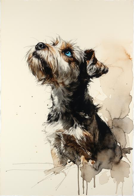 Ink art, watercolour sketch: Extreme low-angle, scruffy ink-stained terrier yearning upward. Hopeful cerulean blue eyes, focal point, gaze into parchment-textured void, subtle watercolour washes. Arthur Rackham's intricate ink, Egon Schiele's expressive contours; delicate cross-hatching, bleeding washes. Monochromatic sepia, charcoal. Subtle chiaroscuro on rough fibrous paper. Poignant longing; faint ink splatters, abstract watercolour wisps hint at unseen sky.