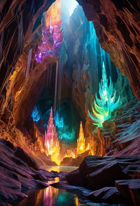 (masterpiece:1.5), unreal 8k wallpaper, unity 8k wallpaper, score 9, score 8 up, score 7 up, masterpiece_portrait, extreme quality, reflection, surface reflection, dynamic lighting, Cinematic style, cinematic quality, ((no humans, no people)), photorealistic, realistic, a spectrum of iridescent colors, precise, fractal design, flowing curves, precision, colorful, fractal geometry, harmonic interference, digital illustration, photo manipulation, altered realities, fantastical scenes, digital artistry, striking visuals, sharp focus, detailed background, light reflection, ethereal, fantasy, A huge mystical cavern, magnificent huge multicolored crystals,  polish rocks, brass mechanized trees, multiple waterfalls, sorrowful sight, a fog across the cavern, multicolored phosphorescent flowers, phosphorescent rocks, (magnificent vast cavern), detailed landscape,