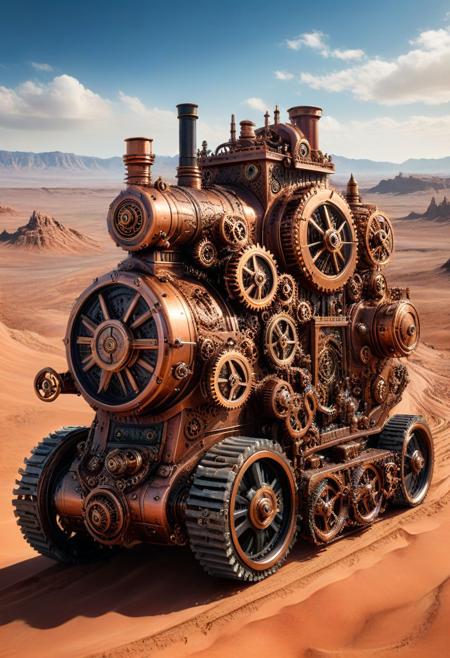 masterpiece, best quality, 8K, absurdres, photorealistic, intricate details, a photo of a massive steampunk vehicle with copper metallic accents and gears rolling across a vast desert landscape