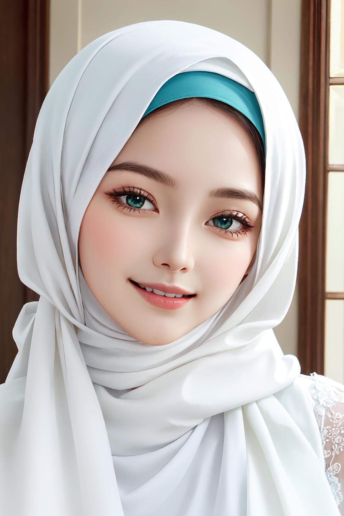 tunning photo of the most beautiful young woman in the world, green eyes, European, wearing a white hijab, mouth slightly ...