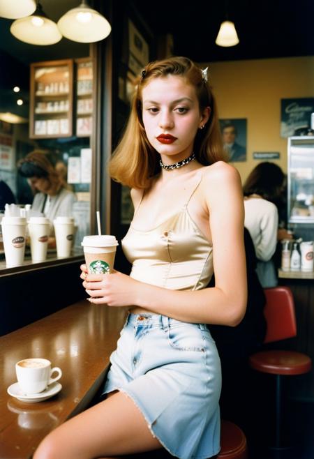 1girl 18yo, wearing fashionable clothing at a coffeeshop,
realistic photograph by Helmut Newton , Hasselblad 500C/M, Kodak Portra 400,