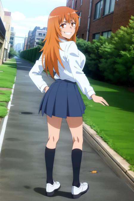 <lora:Gamo:1>
1girl, solo, skirt, smile, long hair, socks,walking, school uniform, orange hair, orange eyes, white shirt, outdoors,city,, pleated skirt, blue skirt, black socks, grin, looking at viewer, long sleeves, collared shirt, breasts, teeth, sanpaku, bangs, looking at viewer,,full body, from behind, looking back, kneehighs,  <lora:animemix_v3_offset:0.6>