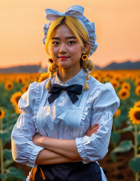 photo, woman, apron, blonde hair, bow, brooch, crossed arms,  dusk, evening, (frown:0.4), gradient background, long hair, long sleeves, looking at viewer, maid, maid apron, maid headdress, orange theme, solo, sunflower, sunset, yellow sky, yellow theme, cinematic, asian