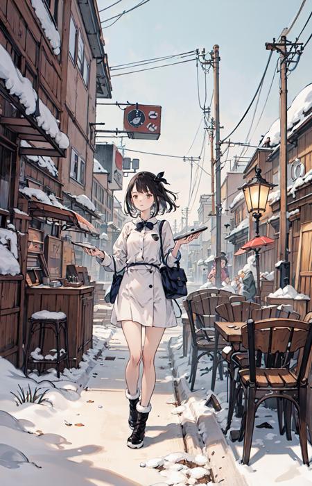 best quality, detailed background, girl,sea, cafeteria, bird, snow, winter,