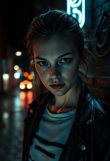 A cinematic close-up of a young woman standing in a dark, narrow street alleyway. She has a slightly intense and mysterious expression, her face illuminated by soft, dramatic lighting, casting subtle shadows. The background is dimly lit with faint neon lights reflecting off wet pavement, creating a moody atmosphere. The woman has sleek, slightly messy hair and is wearing a leather jacket. The scene feels suspenseful yet alluring, with great detail on her features and the textures of the surroundings.