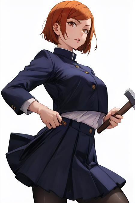 <lora:JJK_Nobara-DEF:0.7> nobara, solo, short hair, jacket, holding hammer, school uniform, skirt, pantyhose, cowboy shot, white background, perfect, sharp, masterpiece, detailed, high resolution, best quality,