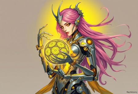 Create an elegant, highly-detailed illustration of a cyborg character inspired by the Raypunk style, incorporating elements of modern occultism and mysticism. The character should be holding a glowing, ornate ball and feature a mix of organic and mechanical components, with a focus on smooth shading and iridescent metals. The color scheme should primarily consist of silver and yellow hues, with accents of verdigris and other muted tones. Include subtle hints of the Plaguefather's influence, such as less prominent tentacles and a sense of mystique. The overall aesthetic should be reminiscent of the works of WLOP and Artgerm, with a focus on creating a masterpiece that would trend on Artstation. The character's hairstyle should be long and pink, flowing elegantly in the wind.