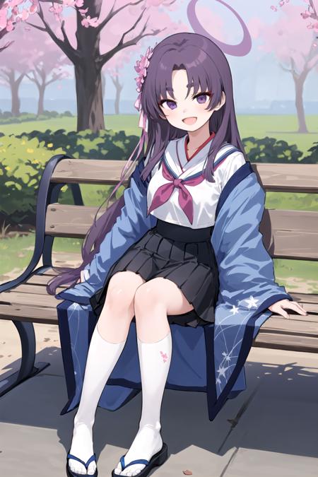 <lora:Yukari-20:1>
1girl, yukari, halo, hair ornament,
serafuku, skirt, kimono, white socks, black shoes, outdoors, park bench, :d, arm support,