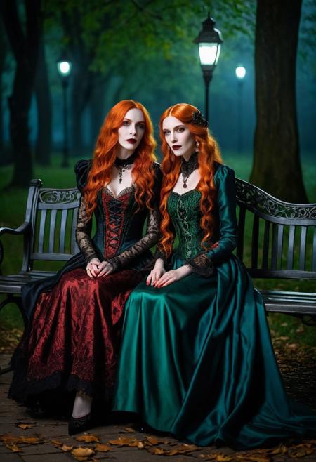 2girls, A captivating, cinematic night time photo of two elegant beautiful goth vampire women sitting on a park bench, happy, hands on lap, age 50 and 40, with long curly orange hair and freckles, full body view. Both are dressed in an exquisite, blood red and royal blue and jet black and emerald green Victorian dresses adorned with intricate lace and silver thread patterns. Their long orange hair flows elegantly, and their eyes are a striking shade of green. Matching slippers enhances their look. The background is a mystical, moonlit forest, dark shadows and glowing lanterns, mist, creating an atmosphere of supernatural enchantment., DarkFantasy, photo, cinematic,