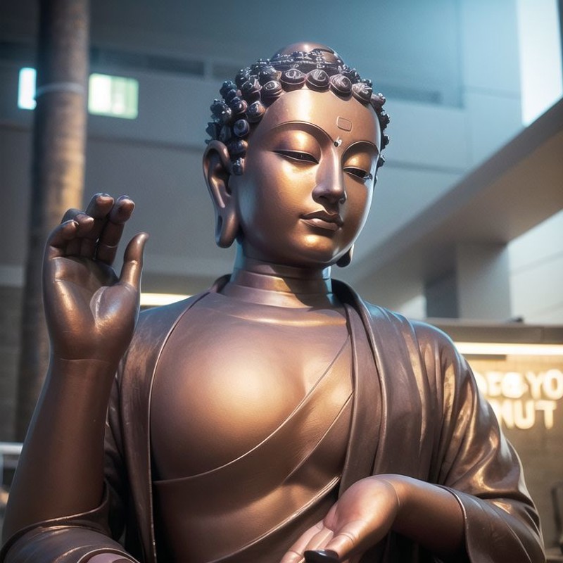 <lora:zyd232_BuddhaStatue_v1.1:0.7>, buddha statue, (metal:1.5), smooth, upper body, (gloriole:2), ray tracing, (cyborg:1....
