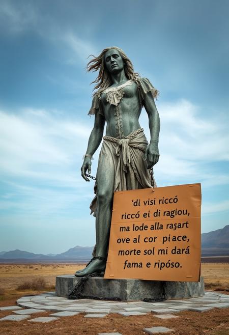 A massive, weathered statue stands in the center of a vast, desolate landscape. The figure is half man, half woman, with a striking duality of masculine and feminine features, their body torn and rattling from the pain of a broken soul. They wear an elaborate 1700s costume, detailed with fine embroidery and lace, now tattered and worn, as if eroded by time. Long, flowing hair cascades down their shoulders, wild and unkempt, adding to the sense of internal turmoil. Their feet are chained to the ground, locked to the floor of stone, preventing any movement, symbolizing imprisonment.
The statue’s expression is one of deep suffering, their eyes filled with sorrow, as if trapped between worlds. A large, worn cardboard sign rests against the base of the statue, reading in bold letters: ‘di vizi ricco e di virtù, do lode alla ragion, ma corro ove al cor piace: morte sol mi darà fama e riposo.’ The wind blows softly, causing the cardboard to flutter slightly, adding a feeling of fragility and despair to the scene. The landscape around is barren and bleak, reflecting the inner desolation of the figure, as they await a release that only death can bring