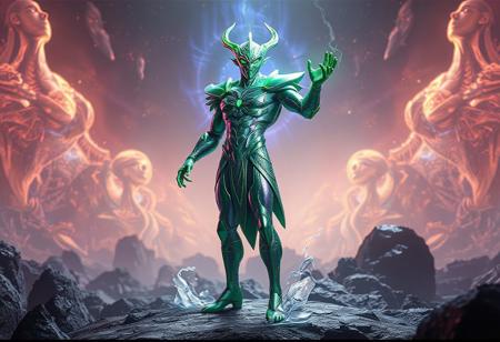 "8K UE5/Octane render of 'Holactie the Creator of Light'—a Marvel Comics-inspired figure in dynamic battle stance. Shimmering green/purple metallic skin reflects divine energy, standing on obsidian terrain amidst floating celestial rocks. The 'Divine Domain Baatistina' backdrop glows with ethereal light, contrasting his powerful form. Hyper-detailed nanite textures, Houdini FX energy aura, and ray-traced reflections. Post-processed with Kodak film grain and Grammer Effect color grading. Tags: #Marvel #DivineArt #ConceptArt."