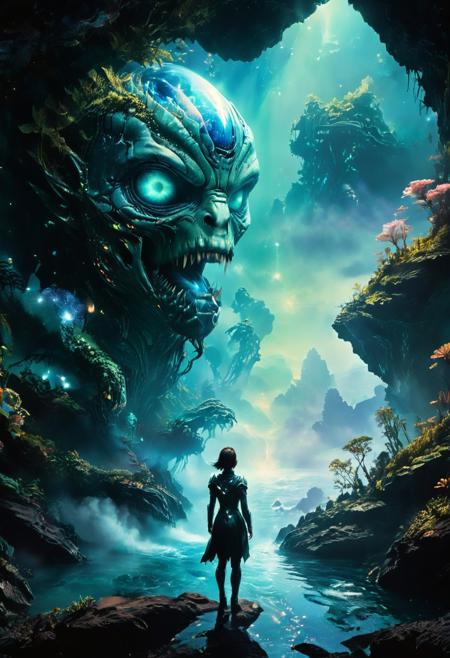 Commander Shepard, a strong, determined human with fair skin and short, dark hair, stands on a rocky outcropping in a deep, alien ocean. Her eyes, a piercing blue, are wide with awe and determination as she gazes at the massive, bioluminescent creature known as Leviathan. Leviathan, a colossal, serpentine being with iridescent scales that shimmer in the dim, blue-green light, hovers in the water, its massive form casting long, eerie shadows. The ocean around them is a vast, dark expanse, with distant, glowing flora and fauna adding a mystical quality to the scene. The lighting is soft and diffused, with a primary blue light source coming from above, casting a serene yet mysterious glow. The water is crystal clear, with a subtle film grain adding texture and depth. The color grading is cool and desaturated, enhancing the otherworldly atmosphere. The composition is framed to emphasize the scale and majesty of Leviathan, with Shepard standing resolutely in the foreground, a small yet powerful figure in the face of the ancient and formidable being. Pop Art, Retro/Vintage, Ambient Lighting, Blacklight, Canon 5D Mark IV DSLR Cerulean Color, Onyx Color, Periwinkle Color, Prism Effect, Diamond Dust, Mystery, Twilight Tapestry Backdrop, Photo-realistic, By Greg Rutkowski