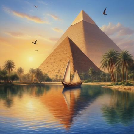 artwork depicting a serene and picturesque scene featuring a large, ancient Egyptian pyramid in the background, bathed in the warm glow of a setting sun. The pyramid is finished with a smooth white render with the sunlight reflecting off its surface. In the foreground, an ancient Egyptian sails a traditional wooden dhow with a tall mast, its sail billowing as it glides smoothly across a calm river. Surrounding the river are lush palm trees, their fronds swaying gently, adding to the tropical ambiance. The sky is a blend of warm oranges and soft blues, with a few birds soaring gracefully above, enhancing the tranquil atmosphere. The overall composition is balanced, with the pyramid centrally positioned, creating a harmonious and captivating visual experience. novuschroma10 style, colored pencil