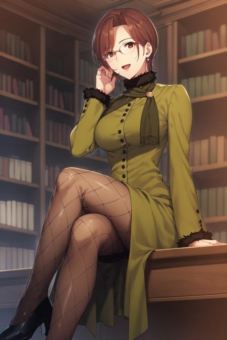 aozaki touko, brown hair, short hair, brown eyes, dress, long sleeves, green dress, scarf, front slit, fishnets, fishnet pantyhose, highheels glasses