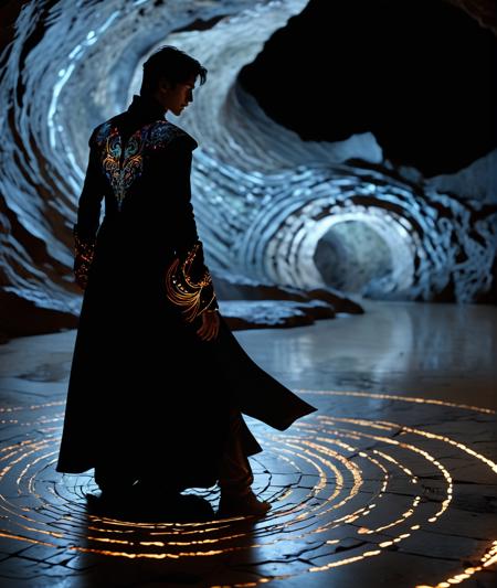 (glowing spiral Pattern etched into obsidian floor of a vast stone cavern with sweeping graceful irregular curves:1), (regal prince with shoulder-length black hair wearing medieval clothing striding on a Pattern:1.5), (colored sparks flare around his feet illuminating the darkness:1.3), (arcs of multi-colored energy rising to his knees:1.1), (detailed pale face:1.9), ziprealism