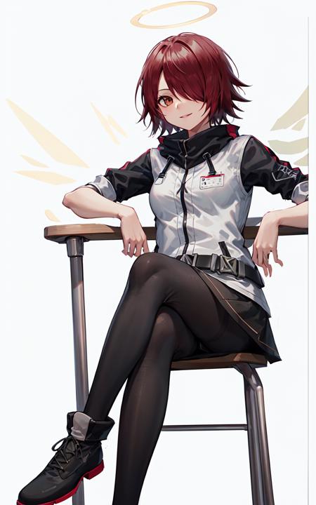 masterpiece, high quality, 1girl, solo, simple background, (white background:1.1),
<lora:exusiaiArknightsV2:0.75>,exusiai-original, hair over one eye,  white jacket,black skirt,miniskirt, short sleeves, white jacket, black pantyhose,raglan sleeves,belt,energy wings, 
medium breasts,black footwear, 
sitting, sitting on chair, crossed legs, full body, looking at viewer,parted lips, light smile,straight-on,