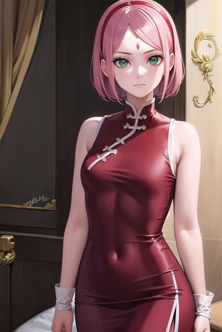 sakuraharuno, <lyco:sakuraharunov2-lyco-nochekaiser:1>,
sakura haruno, short hair, bangs, (green eyes:1.5), pink hair, hairband, facial mark, (forehead mark:1.2), red hairband, (swept bangs:1.5), (small breast:1.2),
BREAK chinese clothes, dress, (red dress:1.3), short skirt, black shorts, gloves, black gloves, sleeveless,
BREAK looking at viewer,
BREAK indoors, bed,
BREAK <lyco:GoodHands-beta2:1>, (masterpiece:1.2), best quality, high resolution, unity 8k wallpaper, (illustration:0.8), (beautiful detailed eyes:1.6), extremely detailed face, perfect lighting, extremely detailed CG, (perfect hands, perfect anatomy),