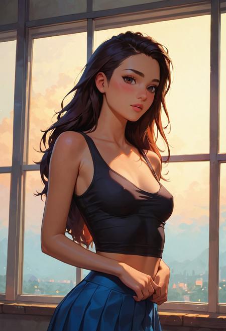 score_9, score_8_up, score_7_up, (24 years old girl:1.2), latina girl, sexy, shy,  beautiful, dark eyes, looking at viewer, long hair, medium breast, standing near window,  tank top, tight skirt, art, focus on face, tenderness , perfect quality, detailed, clear image, Expressiveh