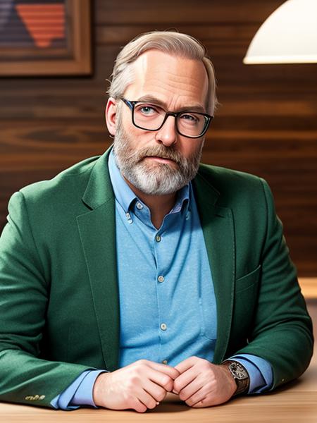 photo of (LuckyHank:0.99), a bearded man wearing glasses, wearing a purple turtleneck, with a green blazer, with a gold bangle bracelets,  detailed face, realistic skin, high quality, (brown eyes:1.1), Leica 50mm, f1. 4, natural light, grainy, (high detailed skin:1.2)