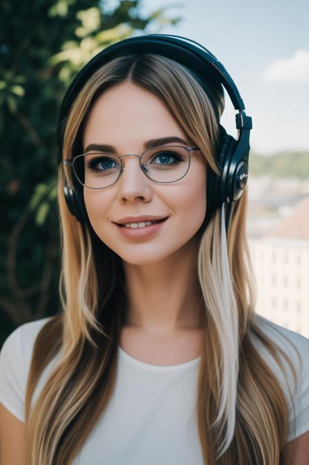 (best quality, masterpiece),<lora:misscoookiezv1:1>
1girl, solo, long hair, looking at viewer, smile, blue eyes, blonde hair, multicolored hair, glasses, two-tone hair, tree, lips, headphones, star (sky), realistic, planet
, 8k uhd, dslr, soft lighting, high quality, film grain, Fujifilm XT3