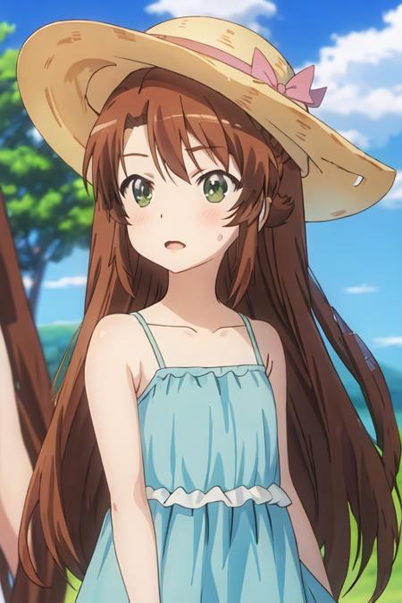 best quality, masterpiece, highres, solo, {koshigaya_komari_nonnonbiyori:1.15}, brown_hair, long_hair, green_eyes, blush, antenna_hair, bangs, 1girl, bare_shoulders, blue_dress, collarbone, dress, hat, sleeveless, blurry, blurry_background, open_mouth, outdoors, sun_hat, blue_sky, cloud, day, sky, upper_body, sleeveless_dress, striped