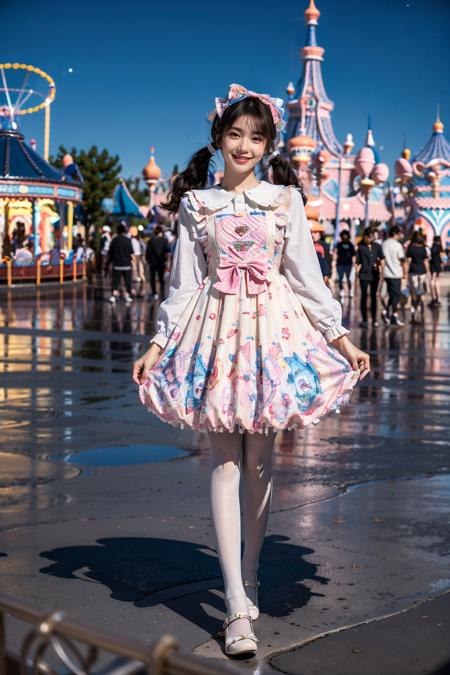 best quality, masterpiece, realistic, photorealistic, 1girl, solo, looking at viewer, smile, full body, standing, low twintails, hair bow, hair hair ornament, hair ribbon, bangs, (in amusement park:1.6), night, light, people, cyb dress, white shirt, pinafore dress, print dress, white pantyhose, shoes, <lora:sweet_attire_style3_v1:0.7>