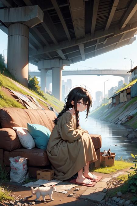 ((shack under bridge)), ((deep shadow)), ((sitting on sofa)), over size clothes, messy hair, knee up, empty eyes, no pupil, poor, tired, dirty, tent, weed, cushion, blanket, fog, haze, city, tree, rock, ruin, gravel, stream, riverside, steep slope, corrugated box, animal, ((stray cat)),