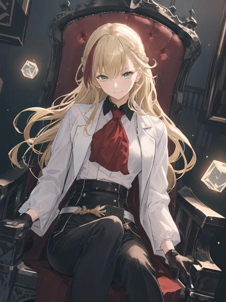 masterpiece,best quality,highres,cinematic lighting,dramatic angle,1girl,blonde hair,braid,multicolored hair,green eyes,white shirt,jacket,belt,high-waist black pants,looking at viewer,black gloves,<lora:ShadowverseNahtV2-000015:0.8:lbw=1,1,0.1,0.1,0.1,0.8,0.8,1,0.2,1,1,1,1,1,1,1,1>,cube,red ascot,portrait,shaded face,evil smile,sitting on throne