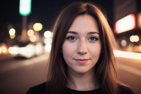 instagram photo, closeup face photo of 18 y.o swedish woman in dress, beautiful face, makeup, night city street, bokeh, motion blur