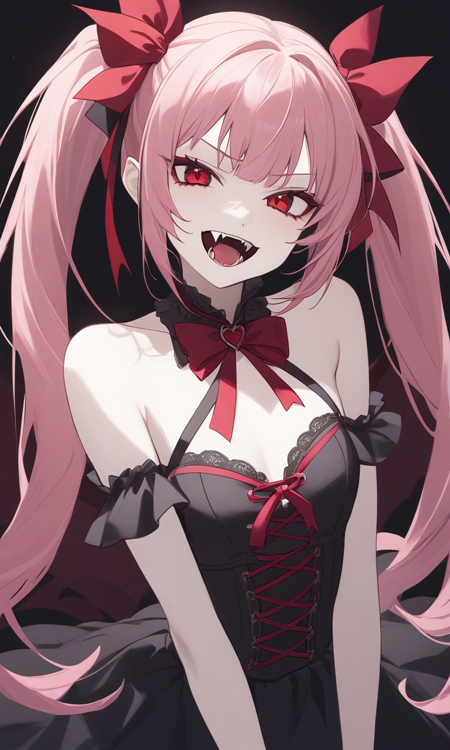 Vanica vampire girl vampire fangs very pale skin red eyes pink hair long hair twin tails hair ribbons