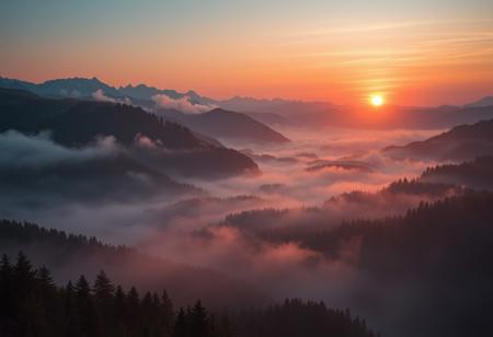 mist, mountains, rivers and forests, a wide vista, medieval, D&D, real photo, 4k, high contrast, vibrant colours, movie still, sunset, rich colours