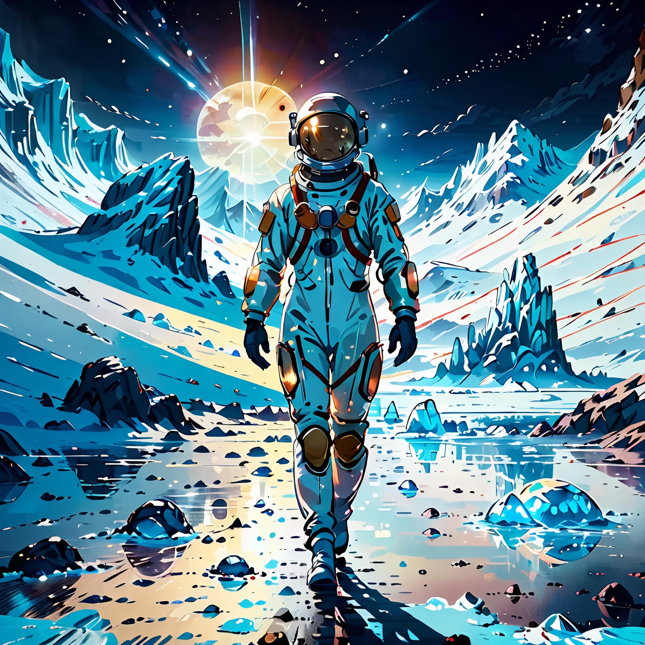 Astronaut walking on a rocky surface.