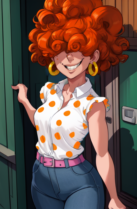 LeeK, curly orange hair, hair over eyes, 
standing,  solo,   grin, 
denim pants,  earrings, polka dot shirt, belt 
picket fence,morning     
(insanely detailed, beautiful detailed face, masterpiece, best quality) 
 <lora:LeeKanker-10v7:0.8>