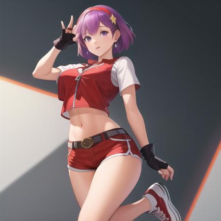 (masterpiece, best quality:1.2),illustration,8k,hd,1girl,solo,breasts,purple eyes,fingerless gloves,purple hair,short hair,red hairband,earrings,hair ornament,star hair ornament,sash,vest,shoes,red shorts,cropped shirt,zipper,midriff,navel,crop top,<lora:Asamiya Athena-99:0.5>,