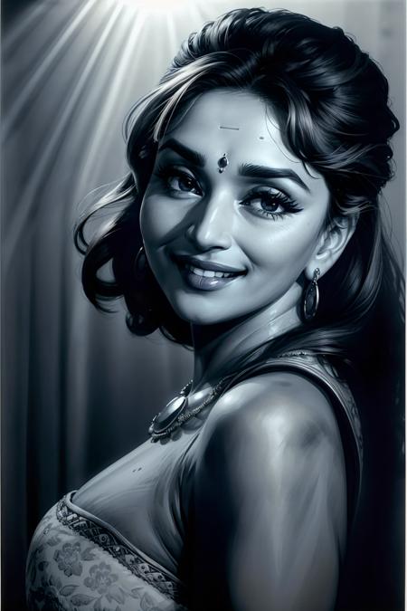 <lora:add_detail:1>,  <lora:GoodHands-vanilla:1>, <lora:madhuri-01:1> madhuri dixit,jewelry,smile,  Spotlight with a snoot for a focused beam of light (Focused Spotlight).,sub surface scattering, detailed skin,  Informative Soft Shadows, lee friedlander,vanishing point,