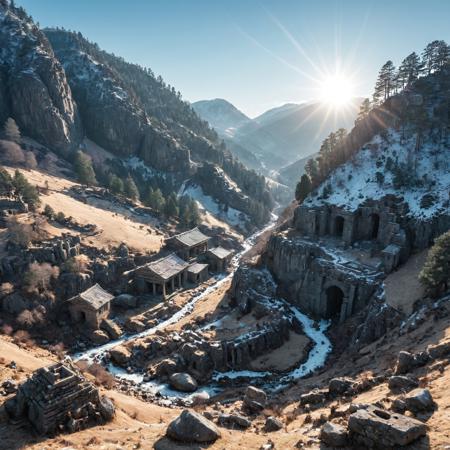 An epic, cinematic image of a dramatic deep valley cutting through soaring hills, pine trees growing on its slopes with a cold stream tumbling over grey rocks. A stone temple, ancient and ruined, with a few dilapidated huts spread around it, can be seen at the far end of the valley. A winter sun high in the pale blue sky