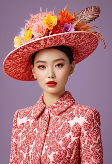 made of wagyu, masterpiece, raw photo, high quality, 8k, ultra sharp, absurdres, intricate details, cinematic scene, photorealistic, award-winning, whimsical and surreal fashion editorial, a vibrant oversized hat with playful and exaggerated shapes, adorned with colorful flowers, feathers, and abstract elements, model wearing a simple yet elegant outfit to complement the hat, soft pastel background with a dreamy, ethereal quality, diffused lighting highlighting textures and vivid colors, dynamic composition with the hat as the focal point, fine details in the fabr