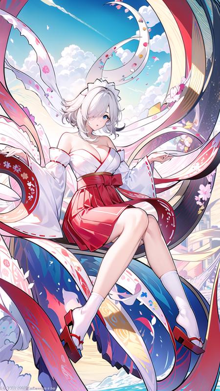 [(masterpiece, best quality)],
[(1girl, solo, full body, blue eyes, (hair over one eye:1.2), white hair, short hair, bangs)],
[(skirt, tabi, japanese clothes, (red skirt, hakama, hakama short skirt, red hakama, hakama skirt), geta, socks, maid headdress, official alternate costume, white socks, kimono)],
[(detached sleeves, wide sleeves, long sleeves)],
[(large breasts, bare shoulders, thighs, sideboob, cleavage)],
<lora:LunaAzurV1.0:1>, lunaazur, sitting,