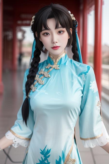 xishi,  shiyujiangnan, china dress, chinese clothes, ribbon, jewelry, bracelet, long sleeves, see-through, see-through sleeves,  black hair, long hair, twin braids, double bun, hair ribbon, hair rings, hair ornament,