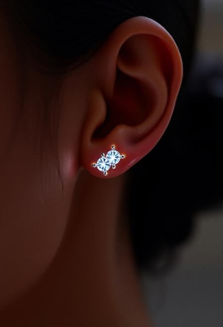 subdermal LED diamond studs, (internal LED glow:1.6), (embedded LEDs:1.7) forming diamond-like points beneath the skin at the ears, soft radiant light through the skin, (iconic diamond jewelry design:1.6), natural skin tone with light diffusion, high-definition, elegant light accents at the ears, ultra-realistic skin textures, (radiant but subtle glow:1.5), perfect for formal and everyday wear, (worn jewelry:-1.8), (visible earrings:-1.8), (rigid appearance:-1.6), seamless light diffusion beneath the skin, advanced subdermal technology, high-resolution, refined and versatile, modern tech-integrated beauty